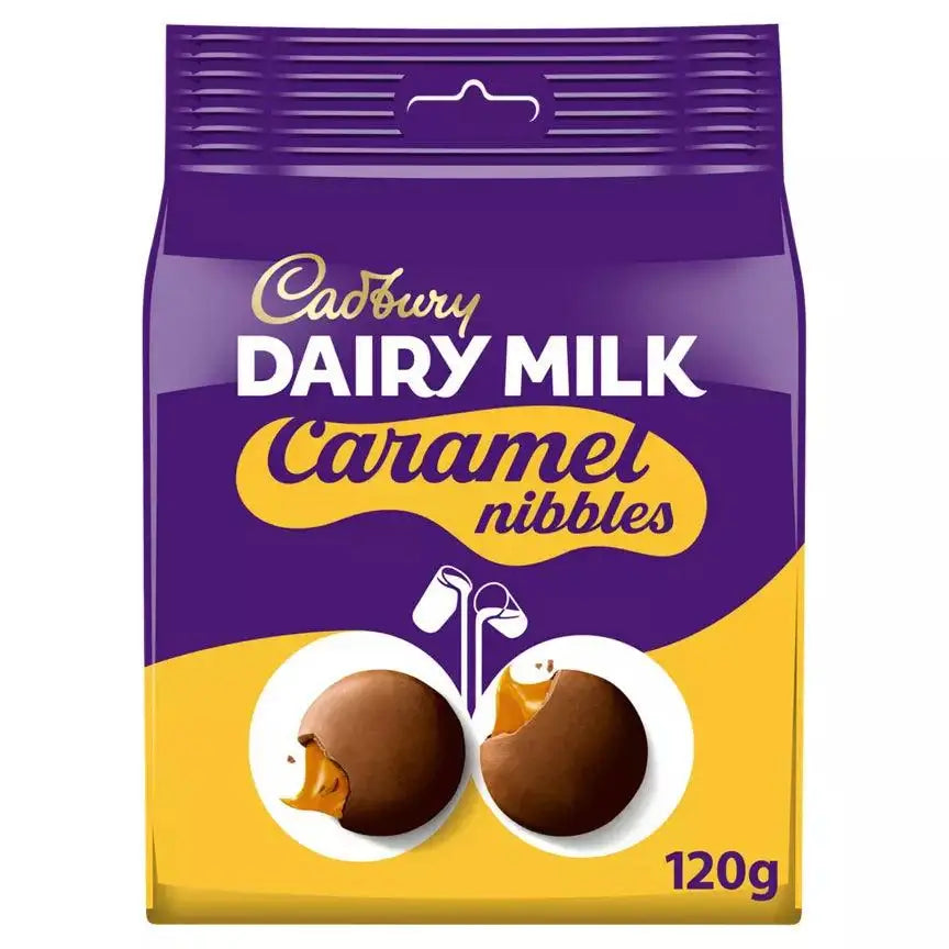 Cadbury Dairy Milk Caramel Nibbles chocolate share bag 120g suitable for vegetarians and contains milk