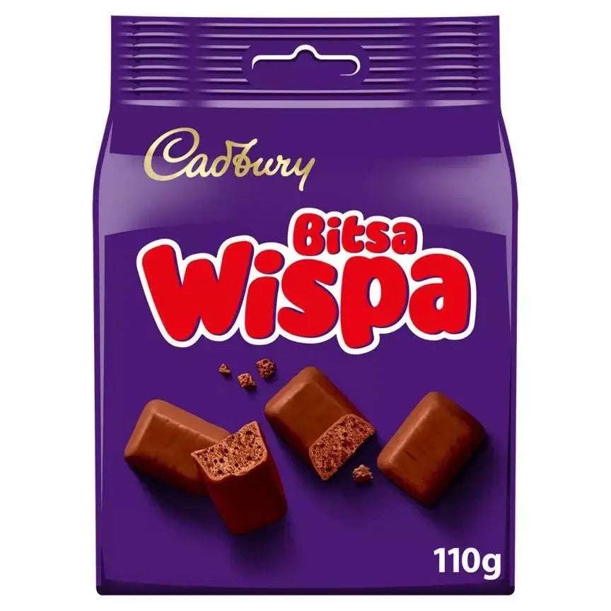 Cadbury Bitsa Wispa Chocolate Share Bag 110g with chocolate pieces, suitable for vegetarians, may contain nuts.