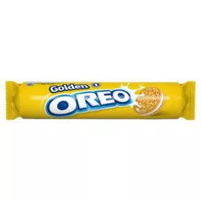 Golden Oreo Biscuit pack 154g, suitable for vegetarians, delicious cream-filled cookies in a yellow packaging.