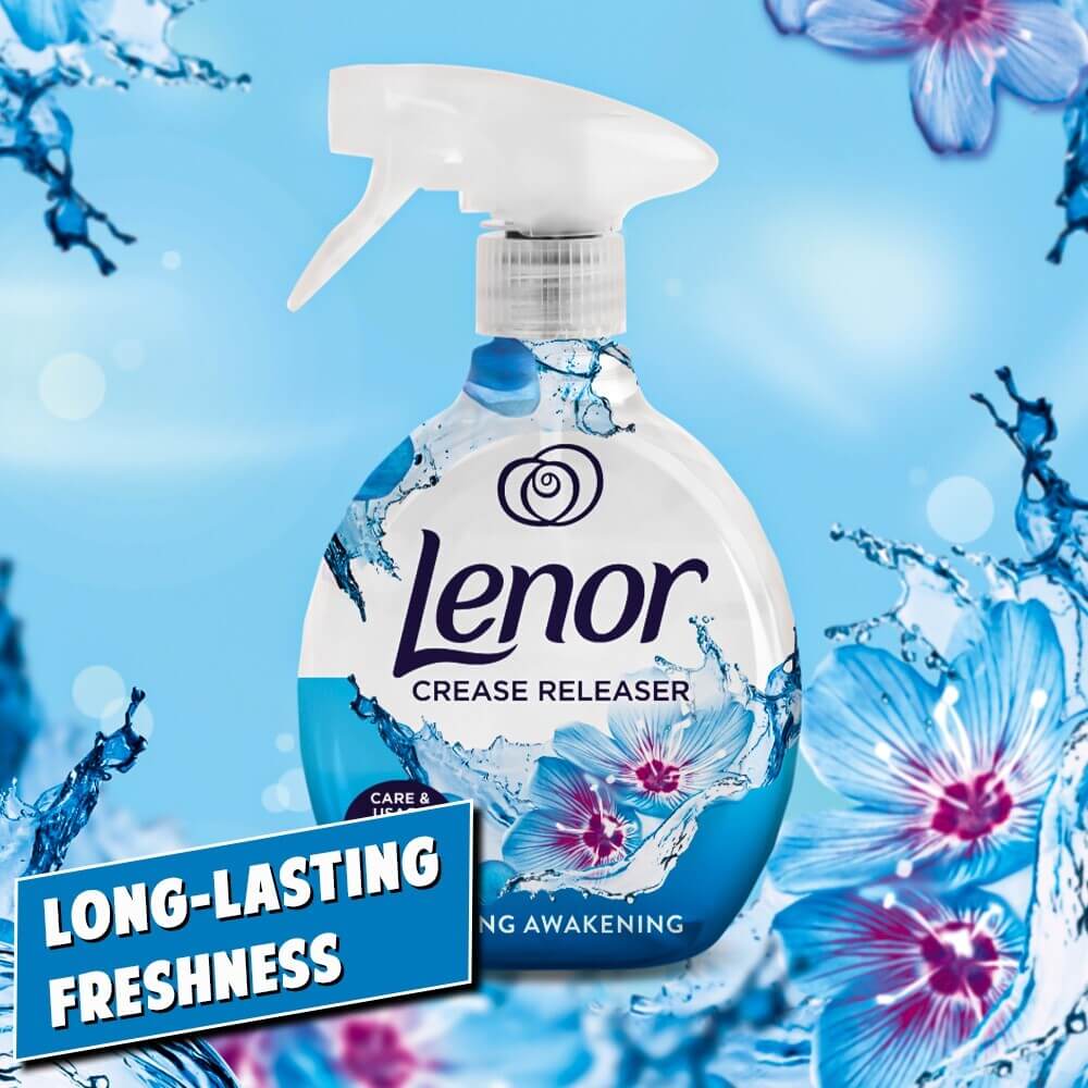 Lenor Crease Releaser spray bottle for effortless ironing and long-lasting freshness in Spring Awakening scent.