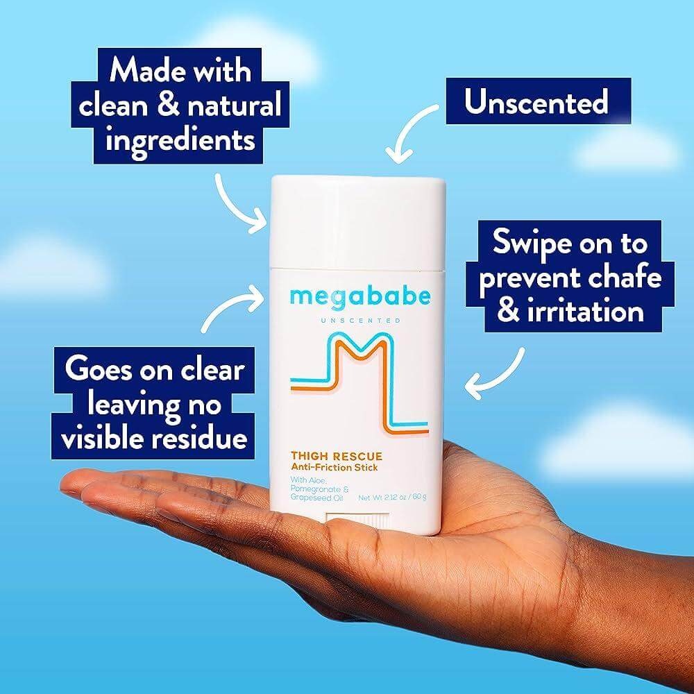 Megababe Unscented Thigh Rescue anti-chafe stick, made with natural ingredients, goes on clear, prevents chafe and irritation.