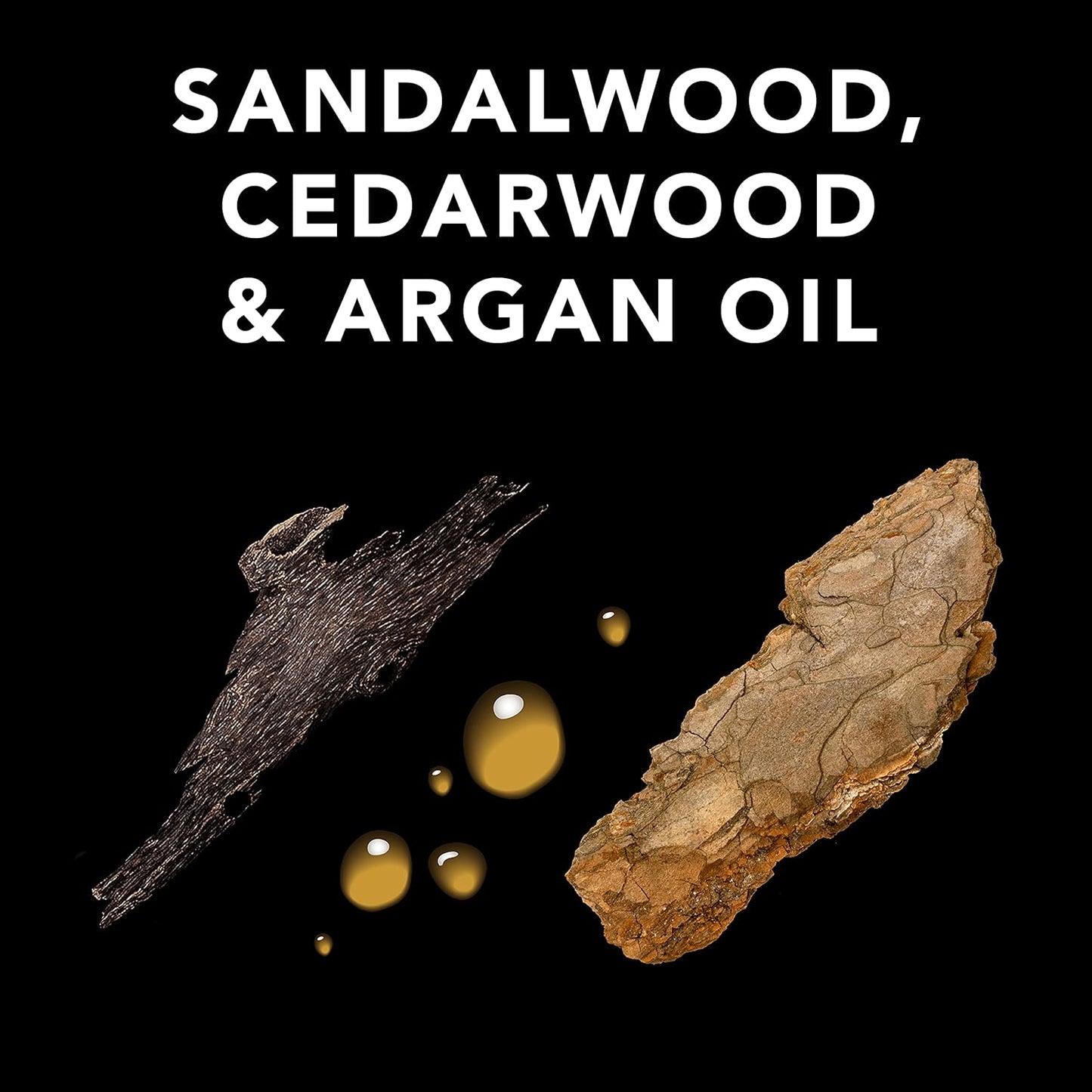 Sebastian Sandalwood, cedarwood, and argan oil on a black background with text.