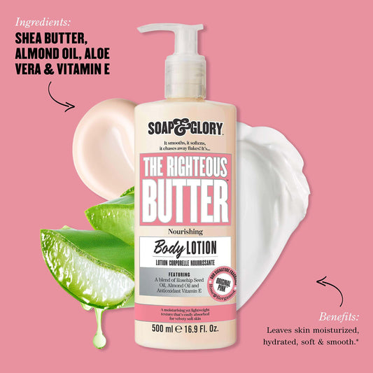 Soap & Glory The Righteous Butter Lotion 500ml, ideal for hydrated and smooth skin with shea butter and almond oil.