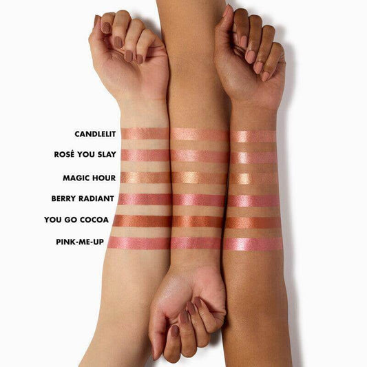 Swatches of e.l.f Halo Glow Blush Beauty Wand in Candlelit, Rosé You Slay, Magic Hour, Berry Radiant, You Go Cocoa, Pink-Me-Up.