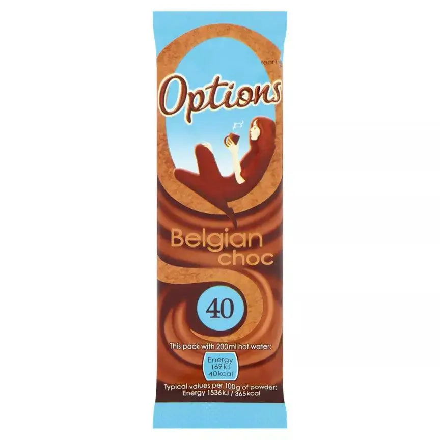 Options Belgian Chocolate Hot Chocolate Powder Sample Pack, perfect for vegetarians, easy to prepare with hot water.