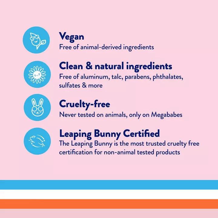 Vegan and cruelty-free product benefits with icons representing clean ingredients, Leaping Bunny certification, and more.