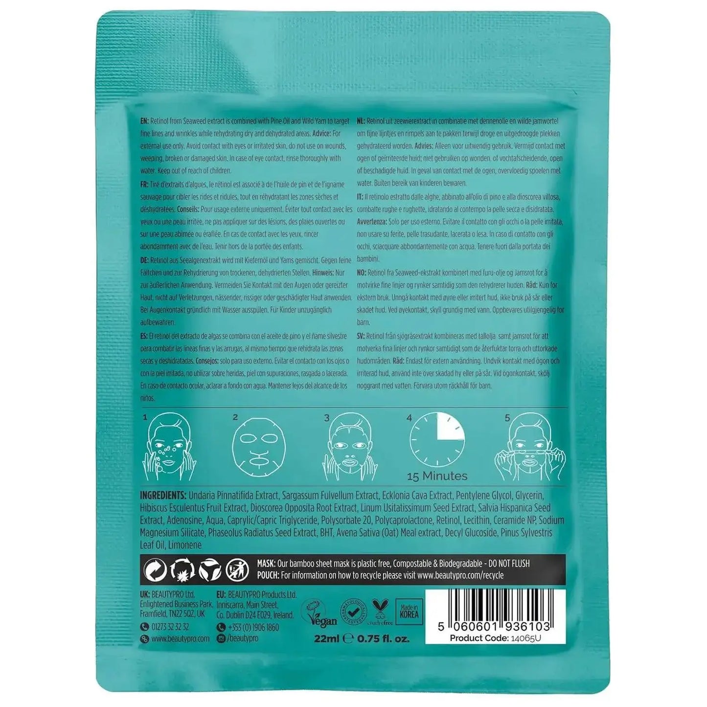 BeautyPro RETINOL Anti-Ageing Facial Sheet Mask back packaging with ingredient details and usage instructions.