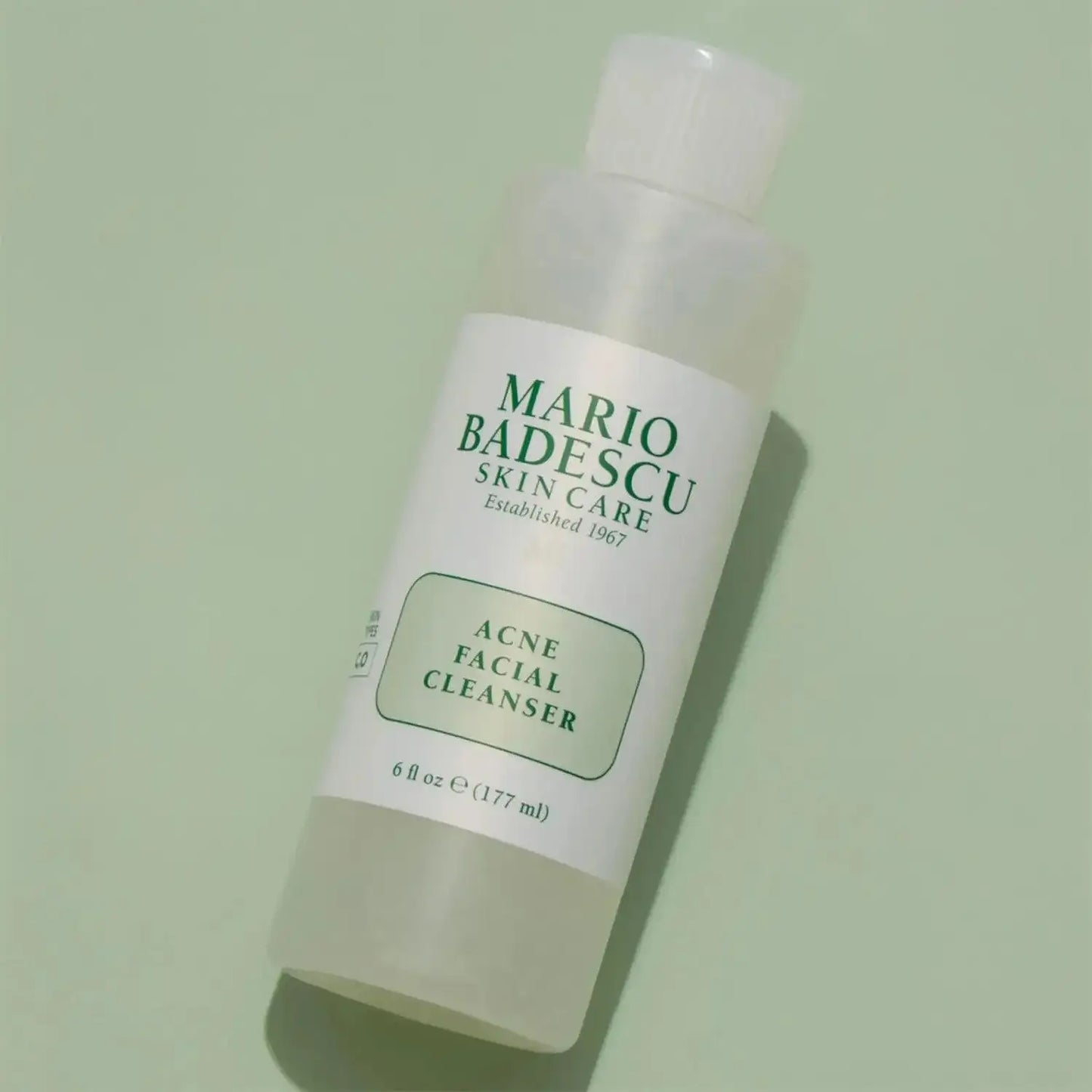Mario Badescu Acne Facial Cleanser bottle for blemish-prone skin, featuring salicylic acid and soothing botanicals.