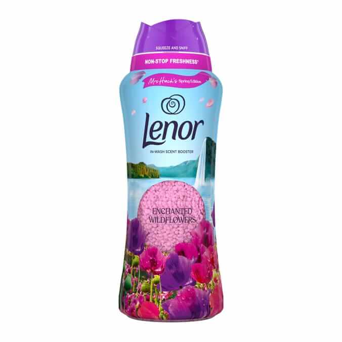Lenor Mrs Hinch's Spring Edition scent booster bottle with Enchanted Wildflowers fragrance for laundry freshness.