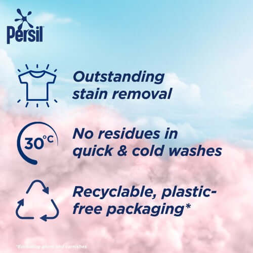 Persil Washing Capsules features: outstanding stain removal, no residues in quick washes, recyclable packaging.