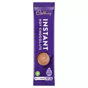 Cadbury Instant Hot Chocolate sachet, ideal for a quick and delicious vegetarian treat, just add water.