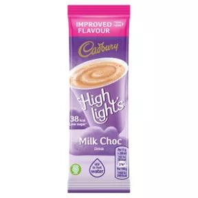 Cadbury Highlights Milk Choc Drink packet with improved flavor and vegetarian suitability for a delicious hot beverage.