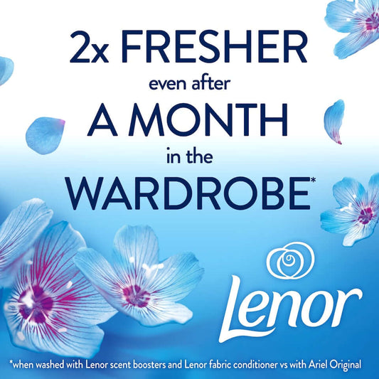 Lenor fabric conditioner promotion stating 2x fresher scent even after a month in the wardrobe with floral graphics.