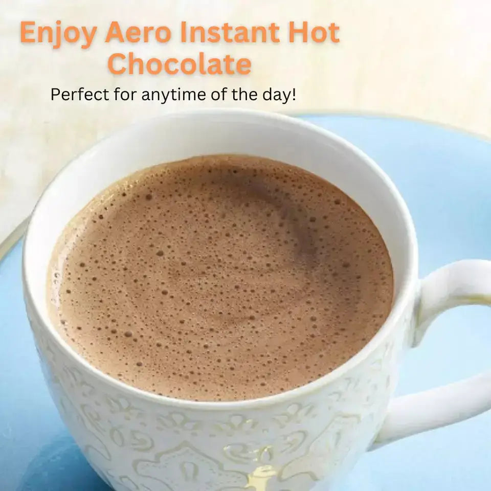 Close-up of a mug with Aero Instant Hot Chocolate, perfect for cozy moments any time of day.