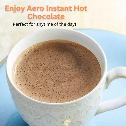 Close-up of a mug with Aero Instant Hot Chocolate, perfect for cozy moments any time of day.