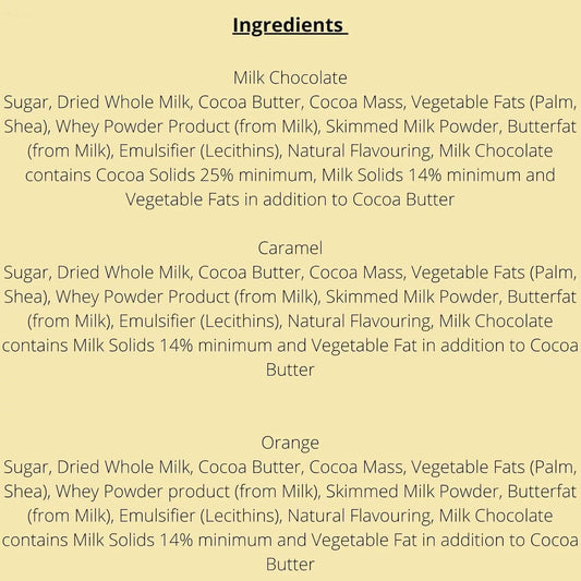 Ingredients list for Aero Melts Caramel Chocolate, including Milk Chocolate, Caramel, and Orange components.