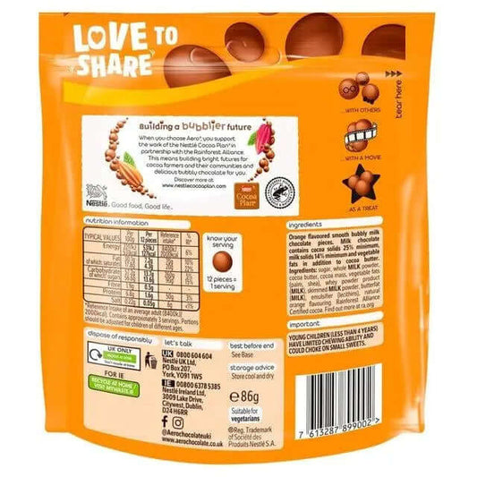 Back of Aero Melts Orange Chocolate Sharing Bag showcasing ingredients and nutritional information.