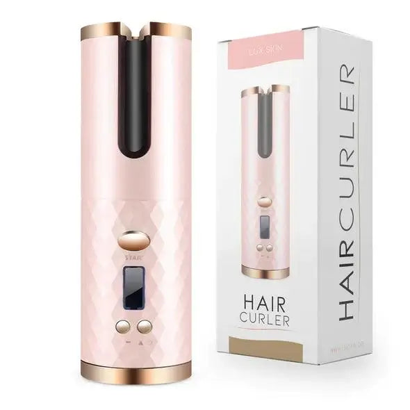 LUX SKIN® Cordless Hair Curler in rose gold packaging, featuring adjustable temperature and timer settings.