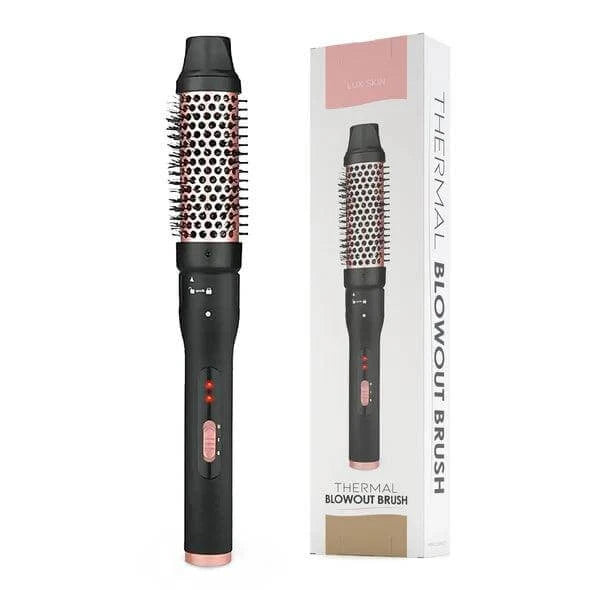 LUX SKIN® Thermal Blowout Brush with packaging, designed for all hair types with no hot air for a damage-free blowout.
