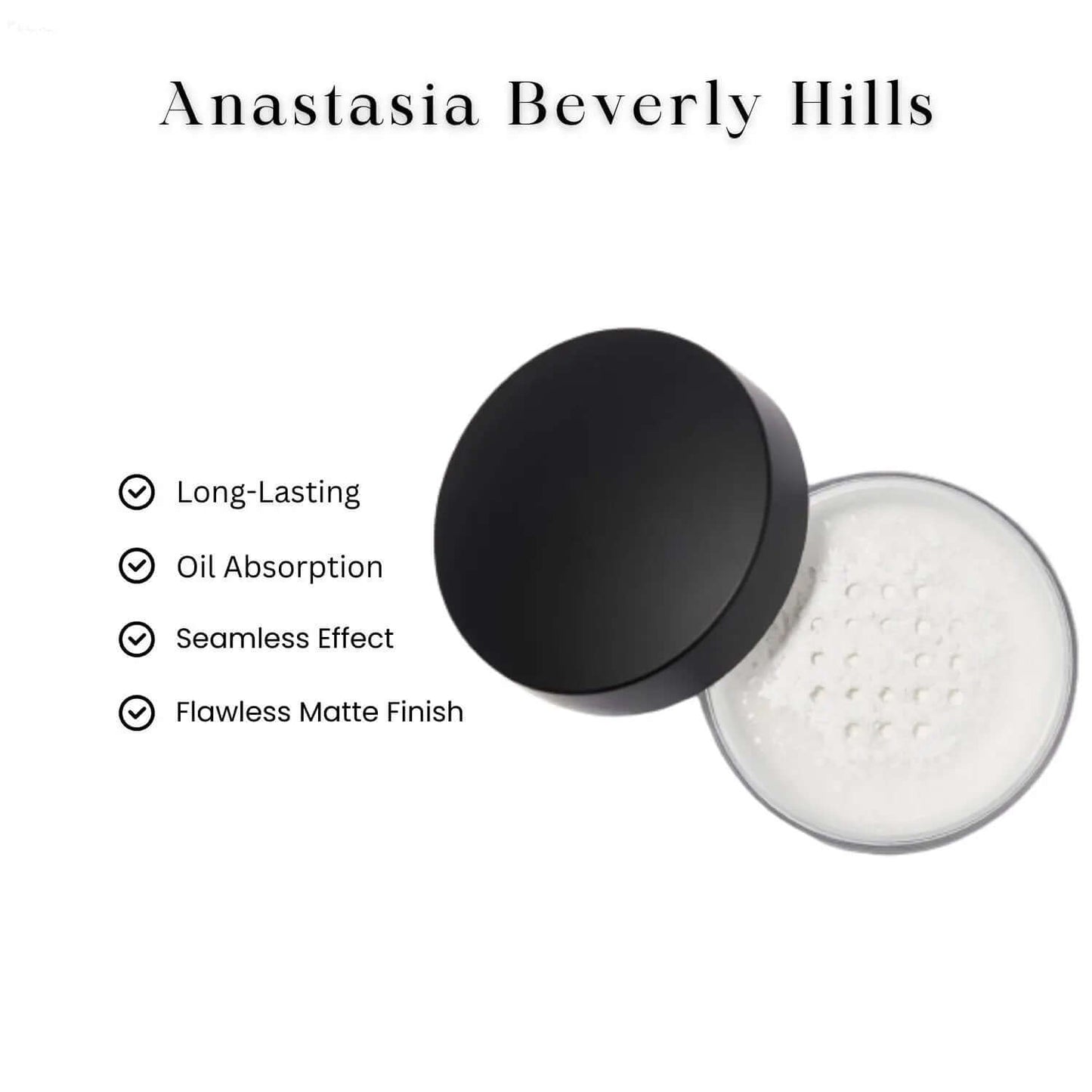 Anastasia Beverly Hills Loose Setting Powder in Translucent, showcasing long-lasting, oil-absorbing, seamless matte finish.
