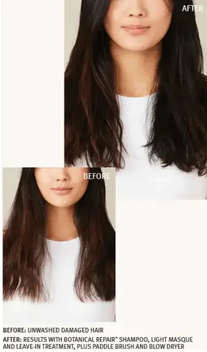 Before and after showing hair revitalization using Aveda's Botanical Repair™ Leave-In Treatment.