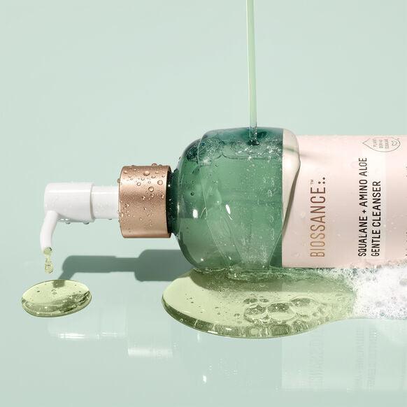 BIOSSANCE Squalane Amino Aloe Gentle Cleanser 200ml in a bottle with a foaming gel texture, ideal for makeup removal and hydration.