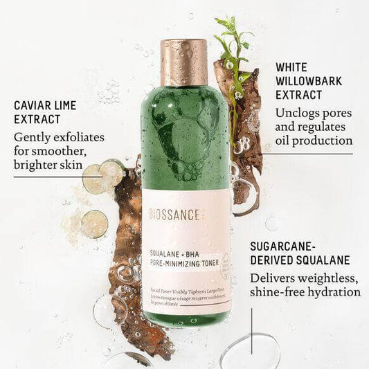 BIOSSANCE Squalane + BHA Pore Minimizing Toner with natural extracts for smoother skin, unclogs pores, and hydrates.