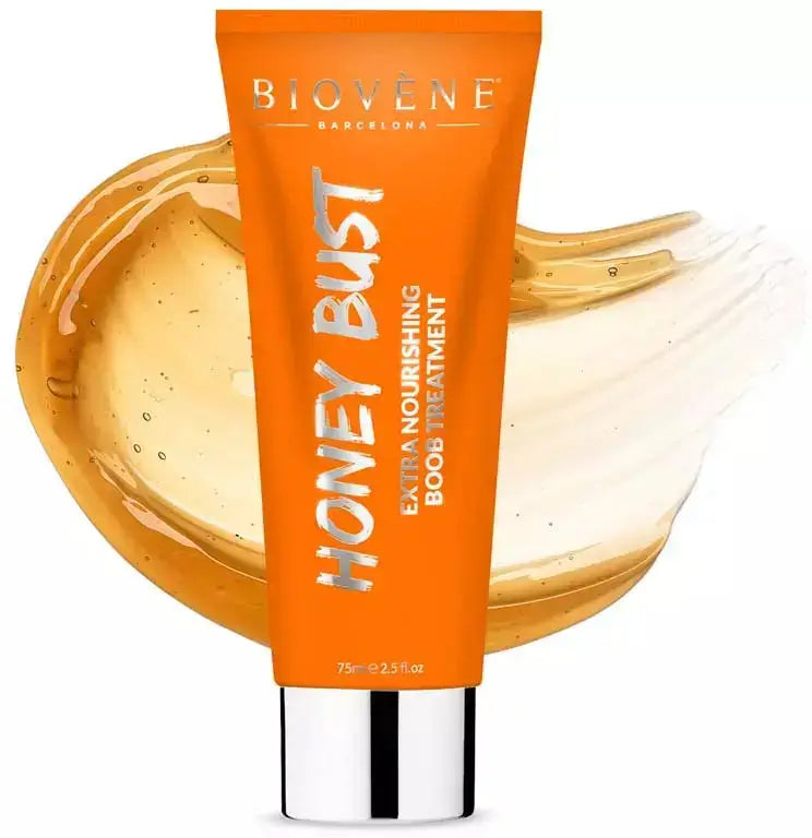 BIOVENE Honey Bust Extra Nourishing Boob Treatment 75ml packaging with honey splash background.