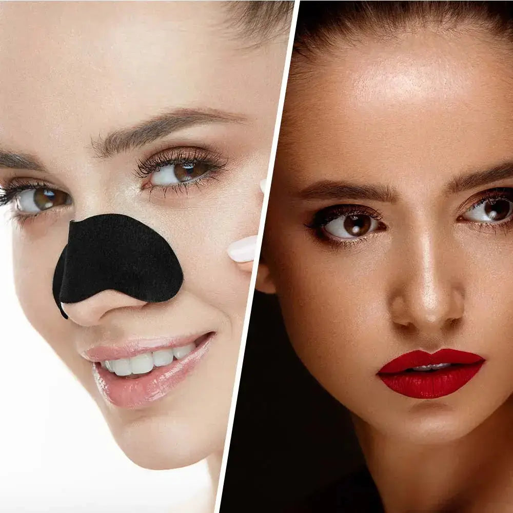 Model using BIOVENE pore strip for cleansing and smooth skin alongside a beauty portrait with bold lips.