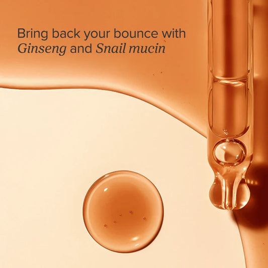 A close-up graphic of a clear glass dropper holding amber-orange liquid, with a separate glossy droplet below and text reading 'Bring back your bounce with Ginseng and Snail mucin' on a warm beige background.
