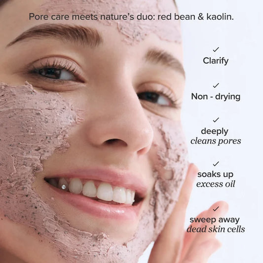Woman applying a face mask with text highlighting its benefits on a white background