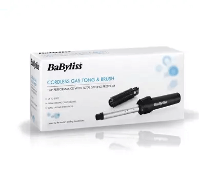 BaByliss Cordless Gas Tong & Brush package for portable styling with high performance features.