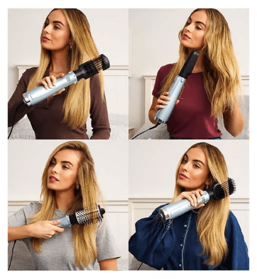 Collage of a woman using the BaByliss Hydro-Fusion 4-in-1 Hair Dryer Brush with different attachments for styling and volumizing.