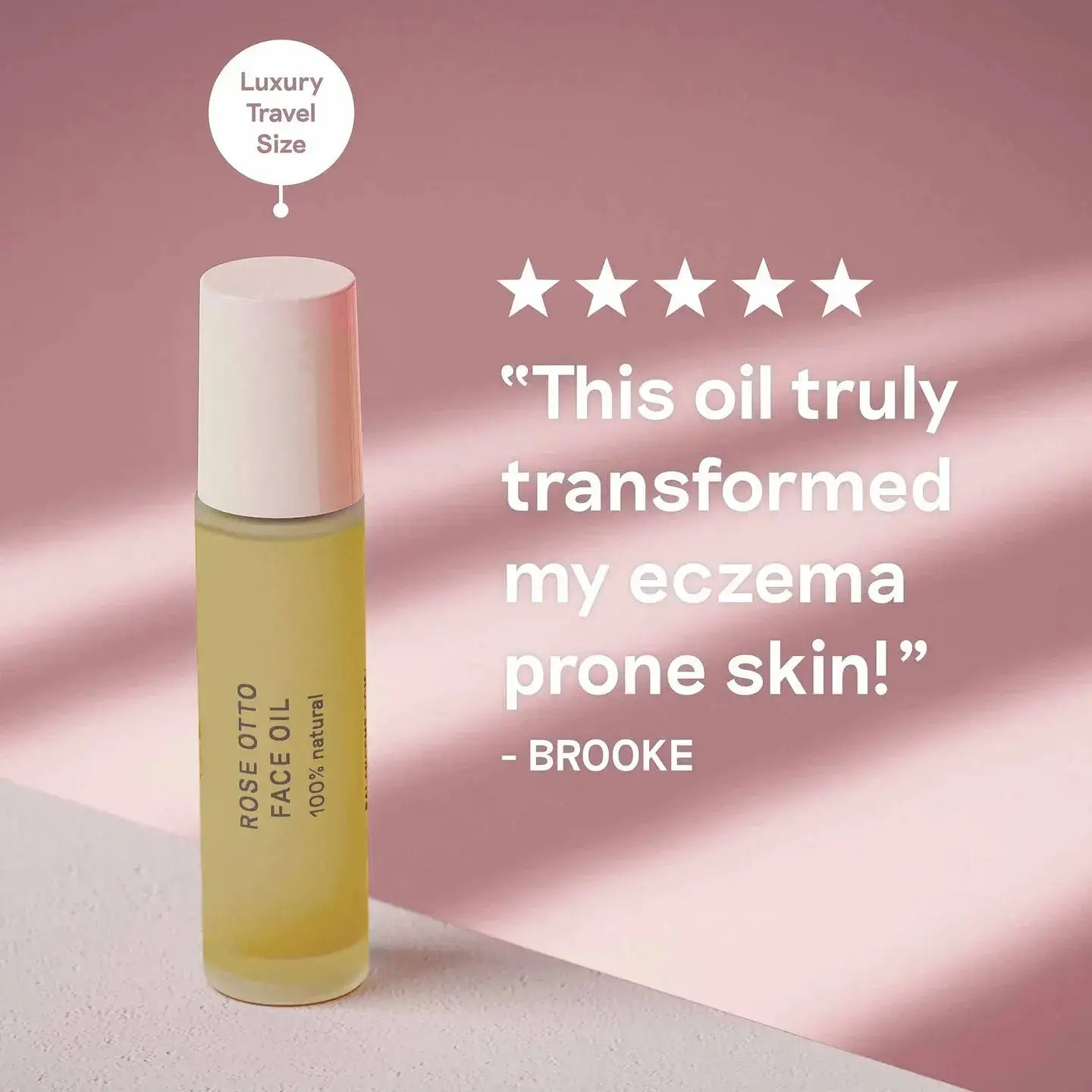Balance Me Rose Otto Face Oil in luxury travel size, with a review highlighting its effectiveness for eczema-prone skin.