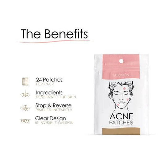 LUX SKIN® Acne Patches package showcasing benefits: 24 patches, clear design, and ingredients for effective pimple treatment.