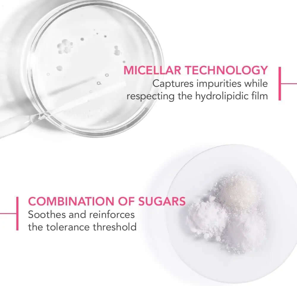 Micellar water technology and sugar combination for sensitive skin cleansing benefits.