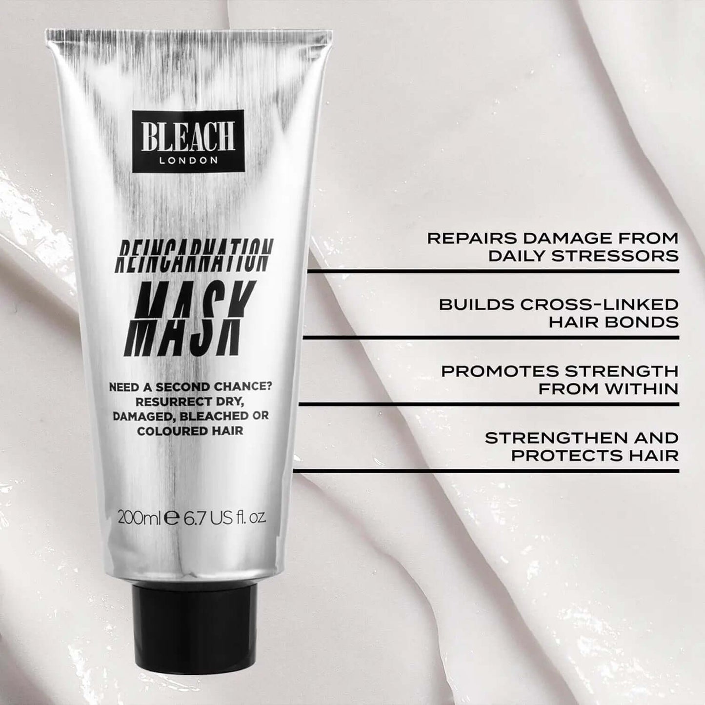 Bleach London Reincarnation Mask 200ml for repairing damaged hair, promoting strength and hydration.