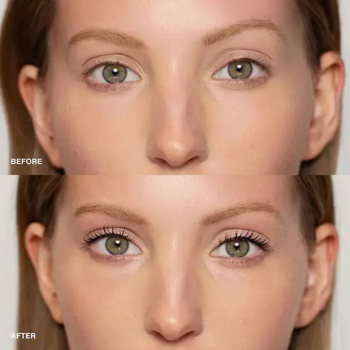 Before and after results showcasing Bobbi Brown Smokey Eye Mascara's volumizing effect on eyelashes.