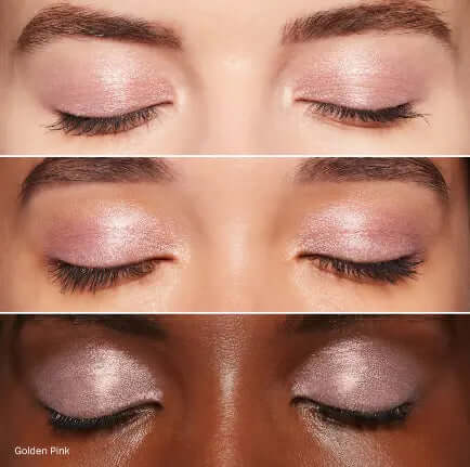 Three diverse eye close-ups showcasing Bobbi Brown Long-Wear Cream Shadow Stick in Golden Pink with a shimmering finish.