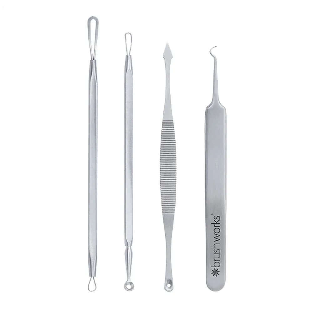 Brushworks Blackhead and Blemish Remover Set featuring four stainless steel tools for effective skincare.
