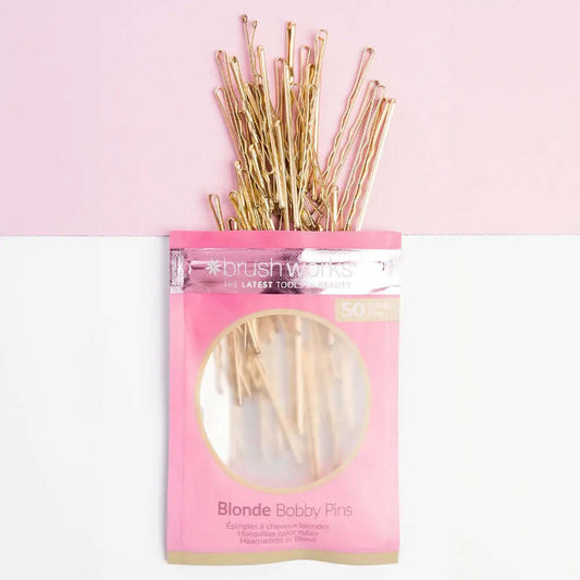 Brushworks Blonde Bobby Pins pack with 50 pins, ideal for securing blonde or light hair in style.