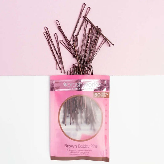 Brushworks Brown Bobby Pins in a package, ideal for brunette hair, offers secure hold for stylish hairstyles.