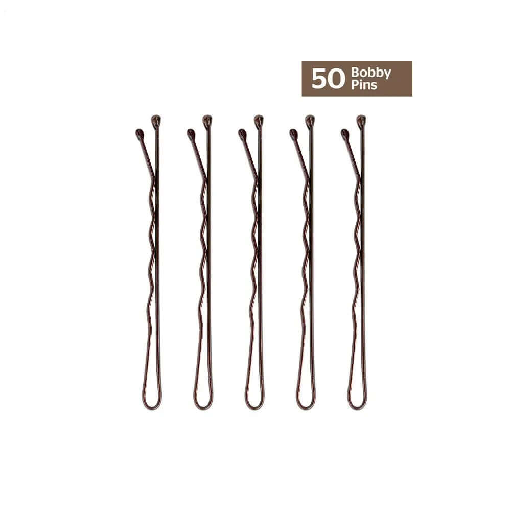 Brushworks brown bobby pins for brunette hair, pack of 50, providing secure hold for hair styling and maintenance.