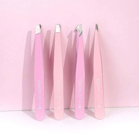 Brushworks HD 4 Piece Combination Tweezer Set in pink, featuring precision tweezers for makeup application and grooming.