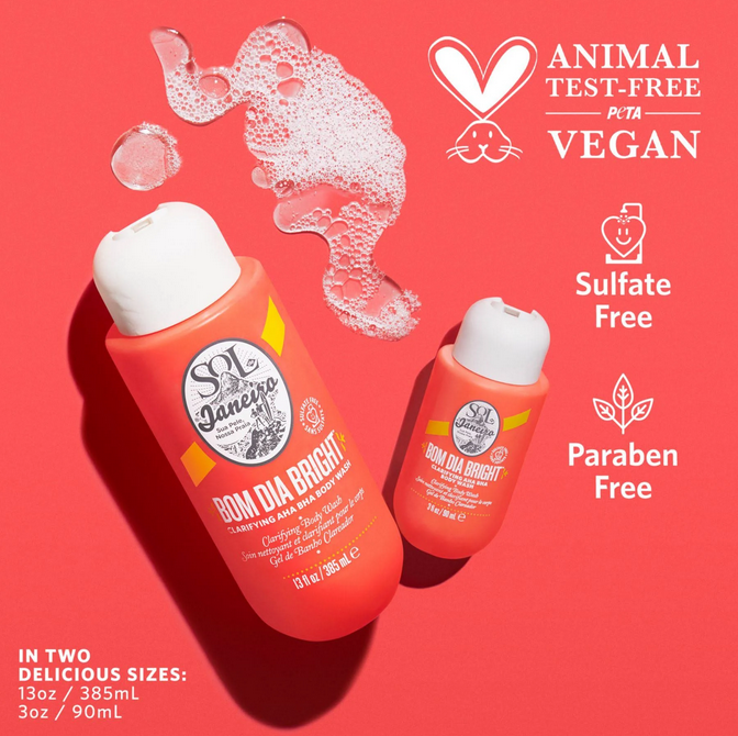 Sol de Janeiro Bom Dia Bright Clarifying AHA BHA Body Wash in two sizes, showcasing vegan and cruelty-free labels.