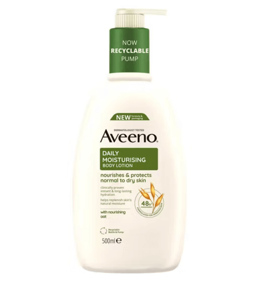 AVEENO® Daily Moisturizing Body Lotion bottle with recyclable pump, designed for normal to dry skin care.