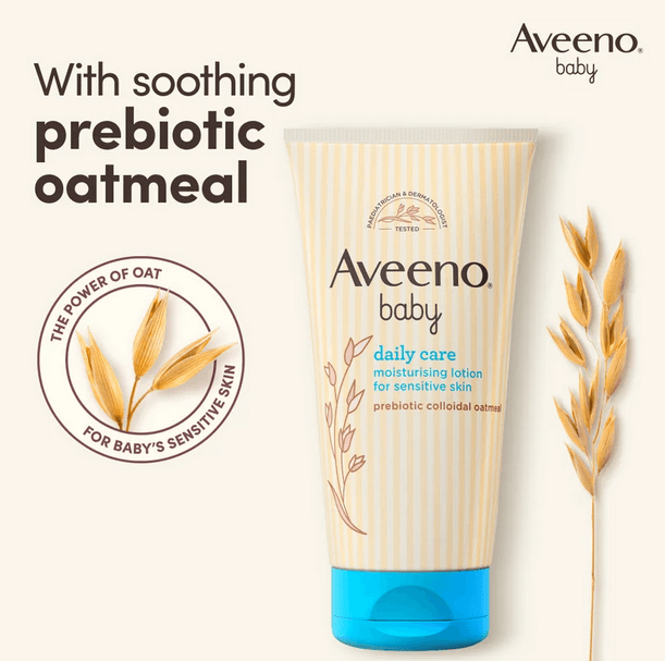 Aveeno Baby Daily Care Moisturising Lotion with prebiotic oatmeal for sensitive skin, perfect for 24-hour hydration.