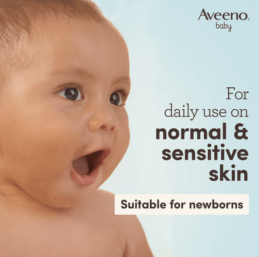 Baby with cheerful expression showcasing Aveeno Baby lotion, suitable for daily use on normal and sensitive skin.