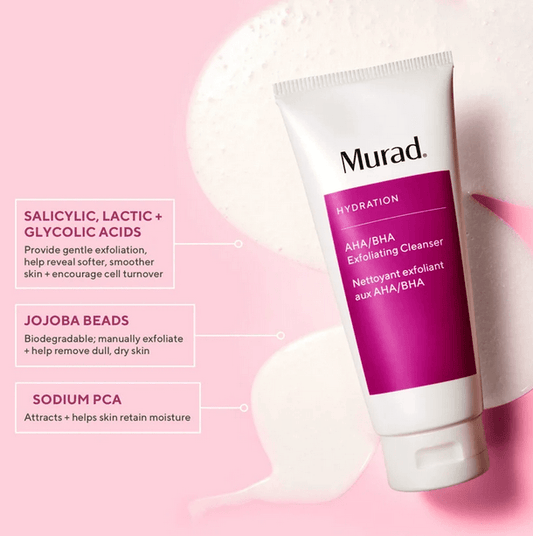 Murad AHA/BHA Exfoliating Cleanser with jojoba beads and exfoliating acids for healthier skin.