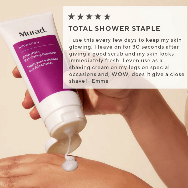 Murad AHA/BHA Exfoliating Cleanser being applied to skin, showcasing its hydrating and exfoliating benefits.